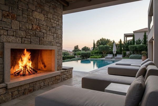 Outdoor fireplace glowing beside a swimming pool at dusk