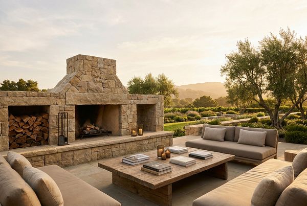 Stacked-stone outdoor fireplace with a warm evening fire