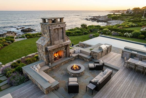 Modern linear outdoor fireplace on a contemporary patio