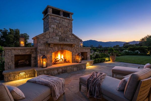 Brick outdoor fireplace with a thick timber mantel