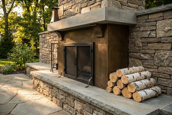 Outdoor fireplace glowing warmly on a patio in the evening