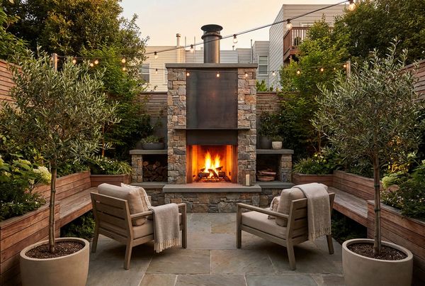 Two-sided see-through outdoor fireplace dividing two seating areas