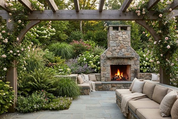 Outdoor fireplace with a mounted television above the mantel