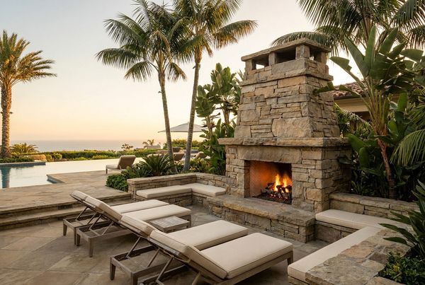 Sleek modern outdoor fireplace on a poolside patio at twilight