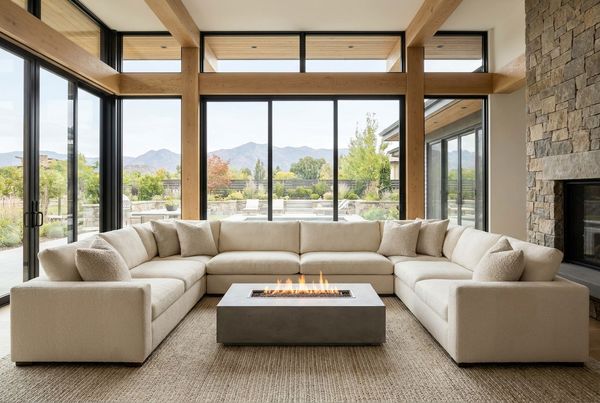 Outdoor sectional sofa arranged around a fire table