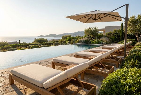 Chaise loungers lined up along the edge of a swimming pool