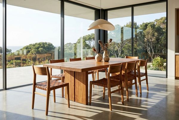 Teak outdoor dining set on a patio