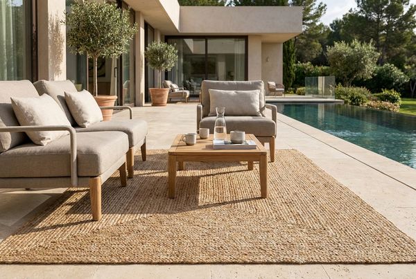 Outdoor conversation set arranged on an outdoor rug