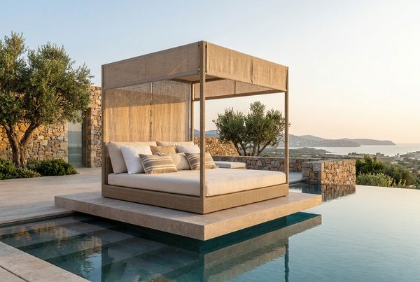 Poolside daybed with a canopy beside a swimming pool