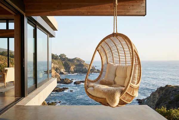 Hanging egg chair on a shaded patio corner