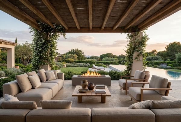 Covered patio furniture set under a roofed structure