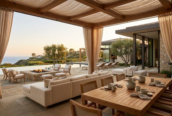 Outdoor patio furniture styled in warm teak tones