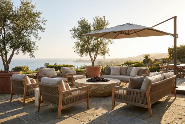 Outdoor patio furniture styled with sun loungers by a pool