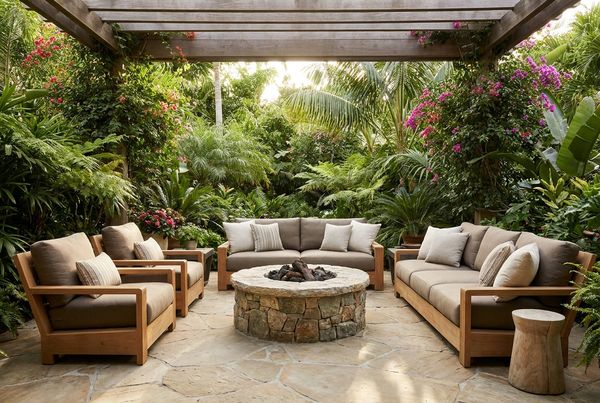 Outdoor patio furniture styled with bar stools at an outdoor bar