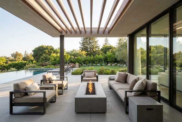 Outdoor patio furniture styled with a sectional and fire table