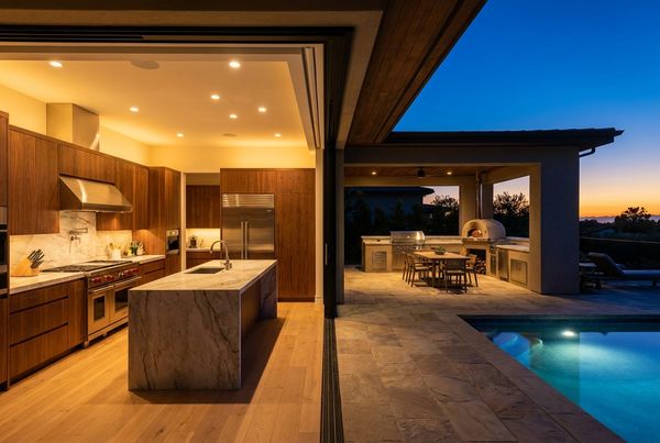 Outdoor kitchen lit up at dusk with warm under-counter lighting