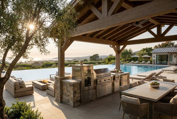 Outdoor kitchen with a built-in smoker beside the grill