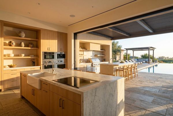 Outdoor kitchen with a stainless sink and generous prep counter