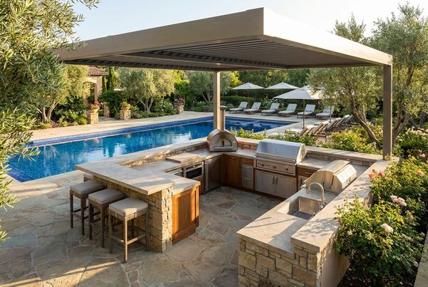 U-shaped full outdoor kitchen with grill, sink, fridge and bar seating overlooking a pool