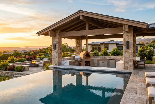 Poolside outdoor kitchen with a stone island and bar stools