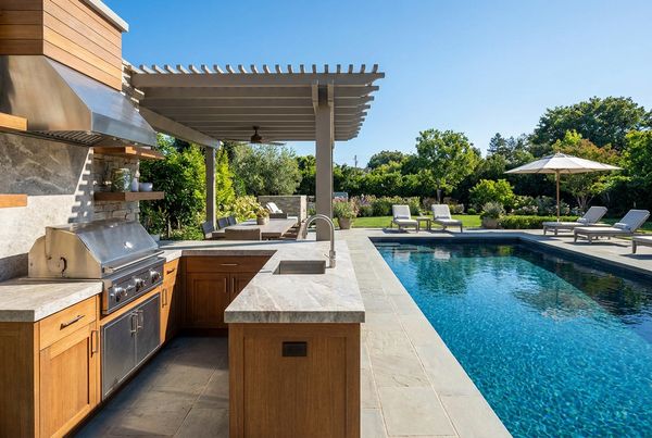 Poolside outdoor kitchen with a built-in pizza oven and stacked-stone base