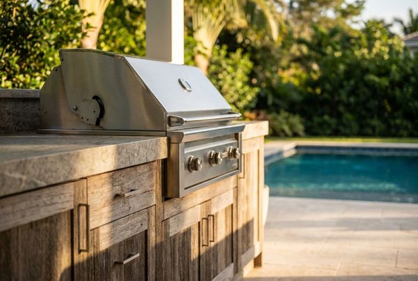 Poolside outdoor kitchen with a covered roof and mounted TV
