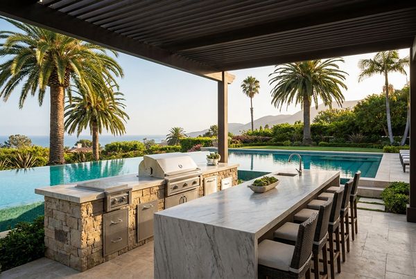 Outdoor kitchen with a stainless beverage fridge and ice bin built into the island