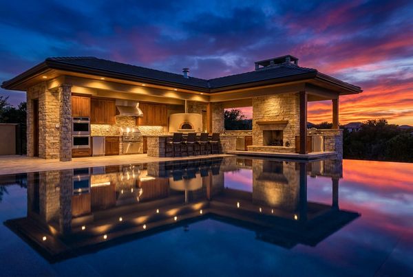 Poolside outdoor kitchen with porcelain counters in a warm tone