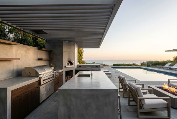Poolside outdoor kitchen with granite counters and a side burner
