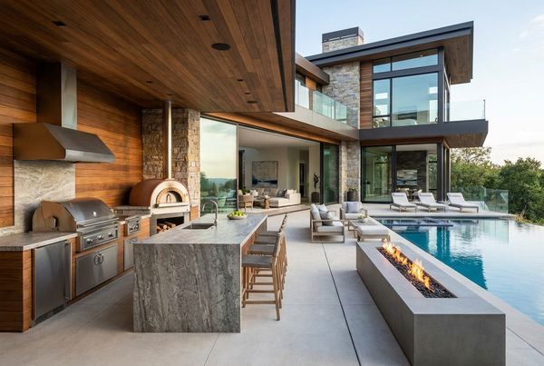 Poolside outdoor kitchen at night lit with under-counter lighting