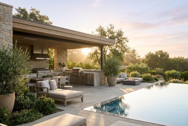 Poolside outdoor kitchen with weatherproof cabinetry and stainless doors