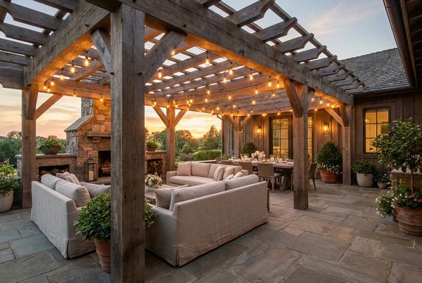 Warm string lights glowing over a backyard patio at night