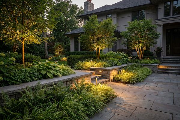 Garden-bed spotlights glowing warmly among plants at night
