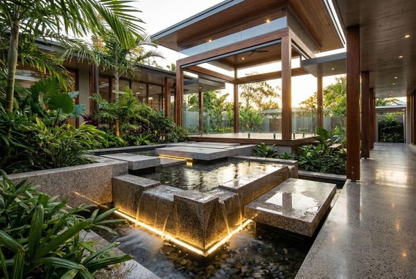 A lit water feature glowing softly in a night garden