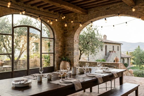 Warm bistro lights strung over an outdoor dining table