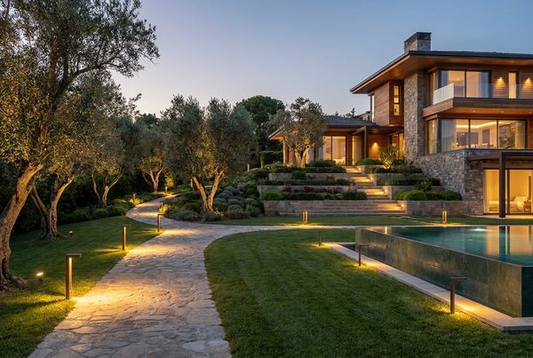 Deck steps lit with recessed low-voltage lights at night