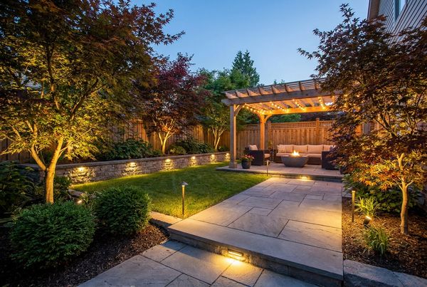 Garden beds accented with soft spotlights at night