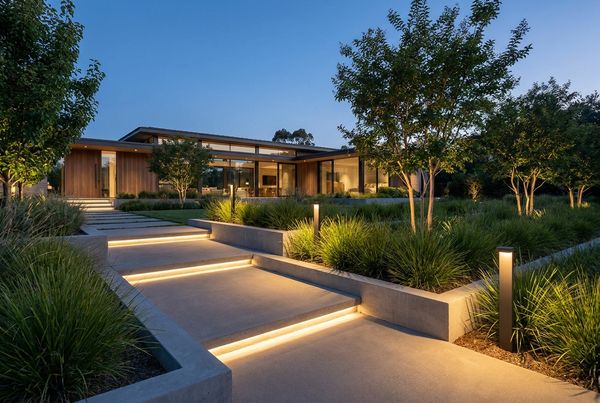 Warm landscape lighting layered across a resort-style yard