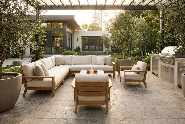 Paver patio with a comfortable outdoor lounge seating group