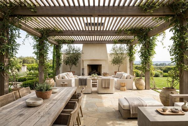 Backyard patio under a wood pergola with hanging string lights