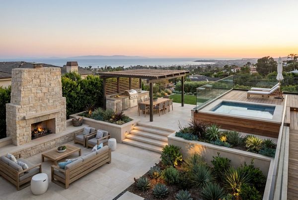 Multi-level backyard patio with wide steps between two terraces