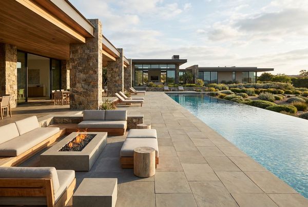 Patio beside a swimming pool with matching paver surround