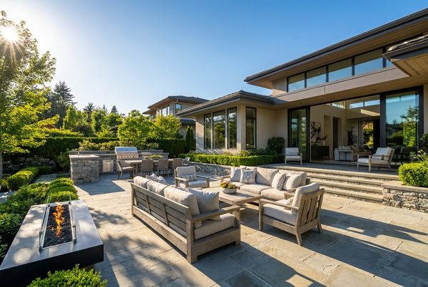 Multi-level patio with steps connecting two terraces