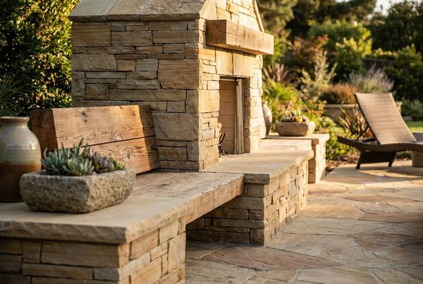 Backyard patio styled with tan pavers and lounge furniture