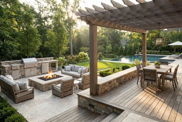 Backyard patio styled with irregular flagstone and planters
