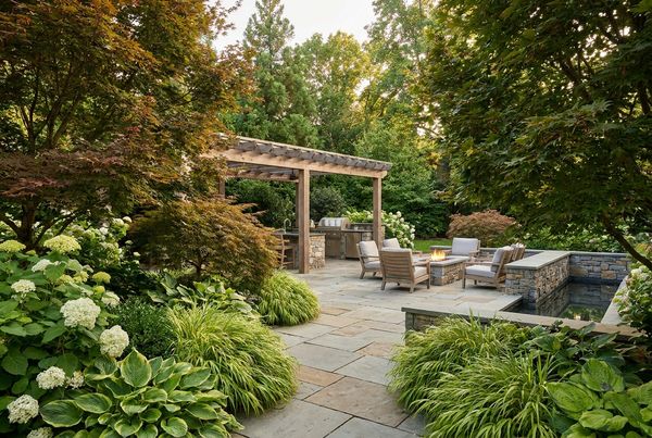 Backyard patio in light travertine with a dining set