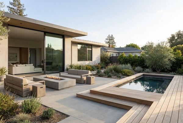 Backyard patio styled as a cozy corner nook with cushions