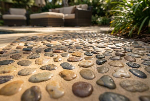 Close-up of an exposed pebble pool finish showing small natural stones
