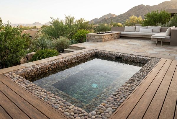 Spa with a matching pebble interior finish and spillover into the pool