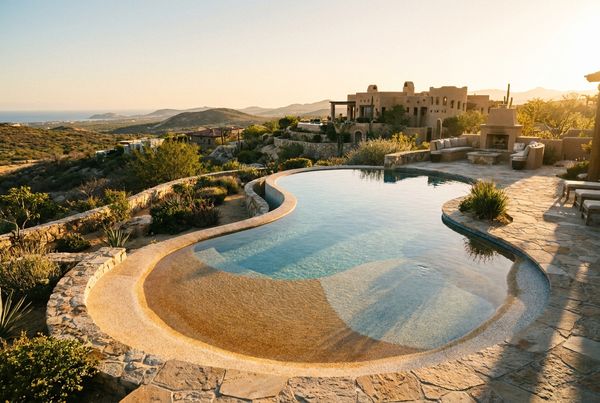 Blue pebble finish pool with bright tropical water